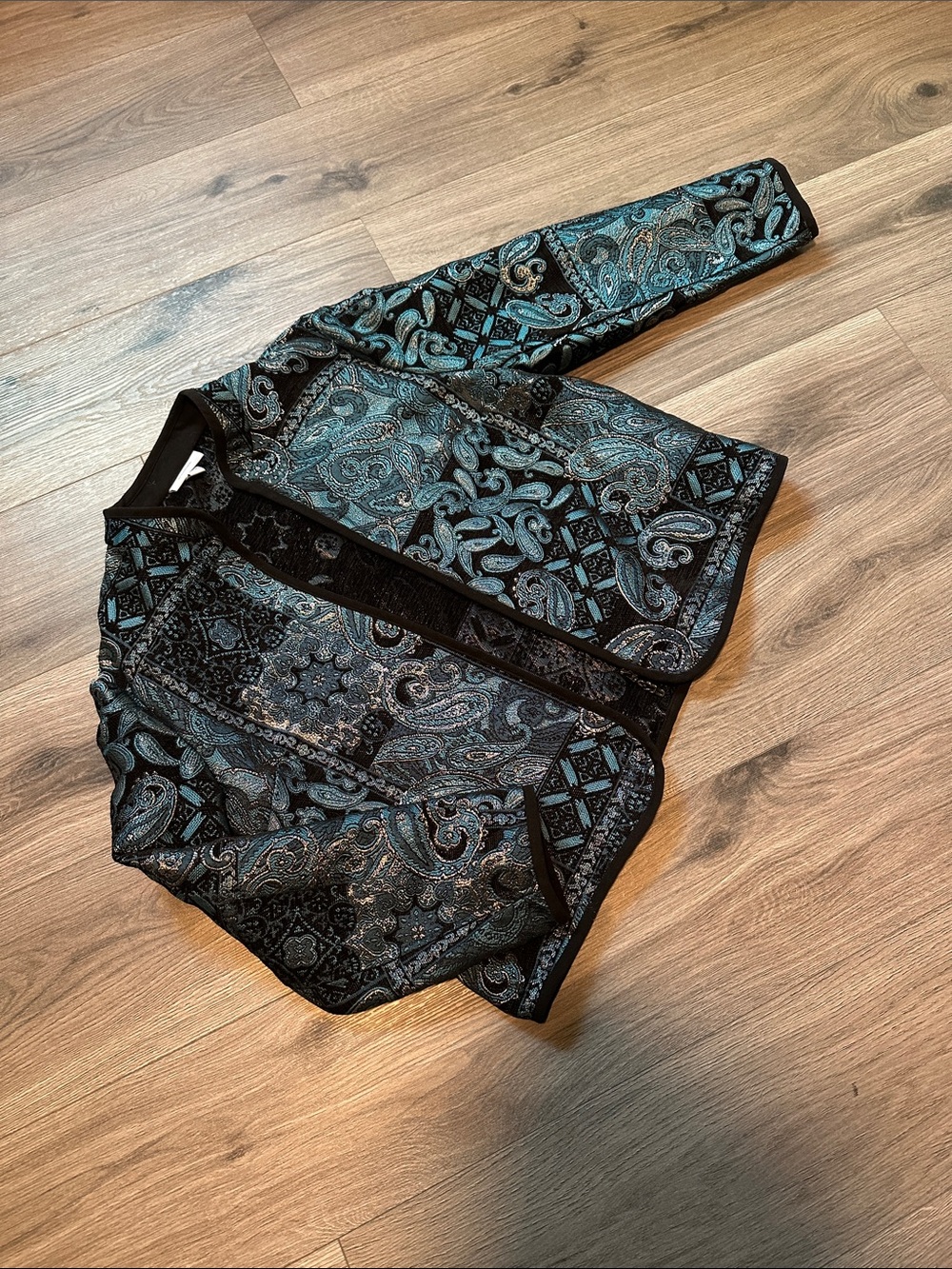 Dress Barn Black & Teal Paisley Quilted Bomber Jacket